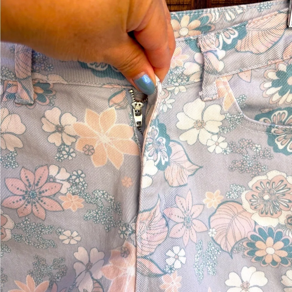 Altar’d State Light Blue & Light Pink Floral Cut Off Denim Jean Shorts
